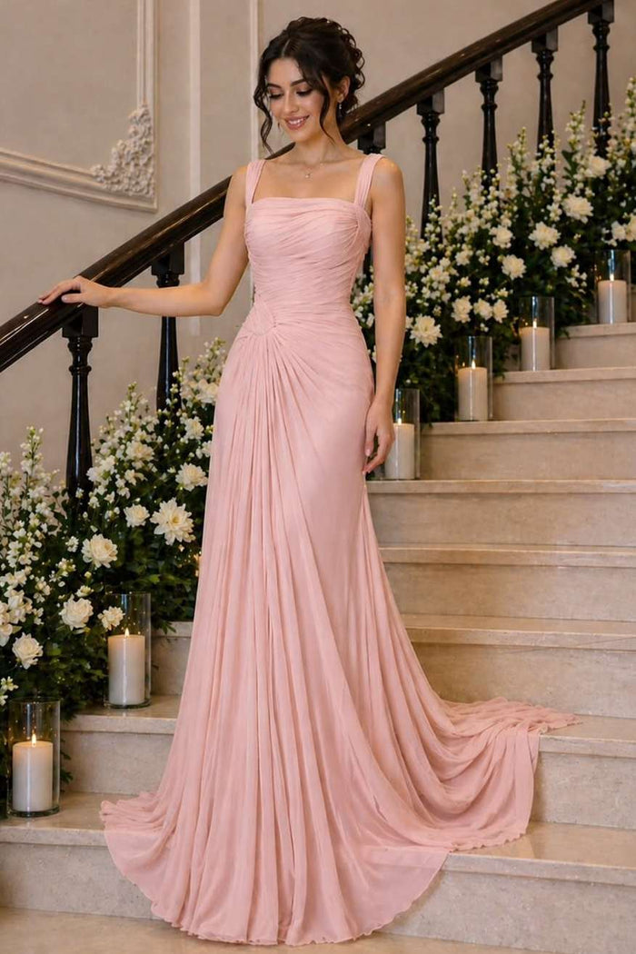 Elegant Pink Straps Pleats Chiffon Long Prom Evening Dress with Train