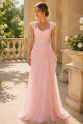 Elegant Pink Sweetheart Chiffon Ruched A-Line Long Prom Evening Dress