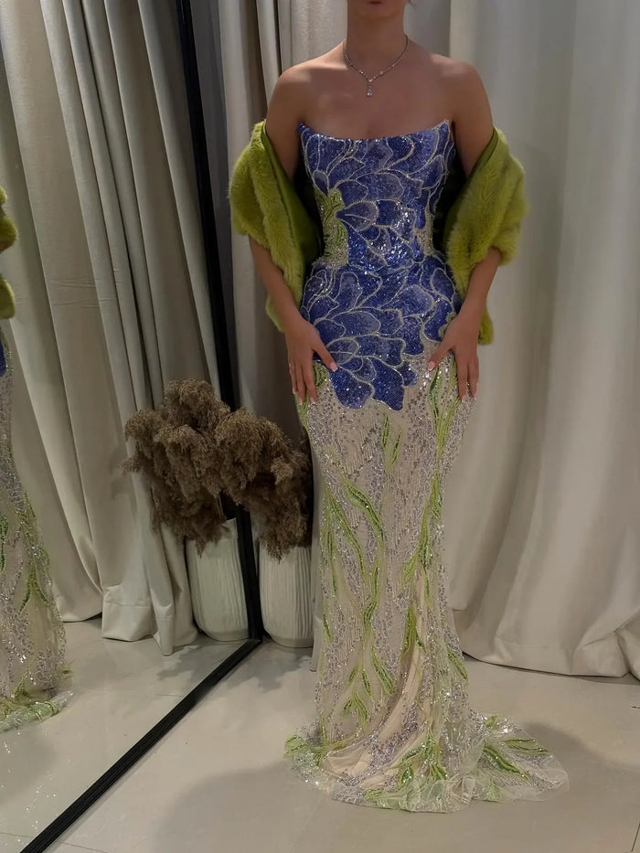 Elegant Purple Green Beaded Sequin Evening Dress with Cape SS511-DreamyVow