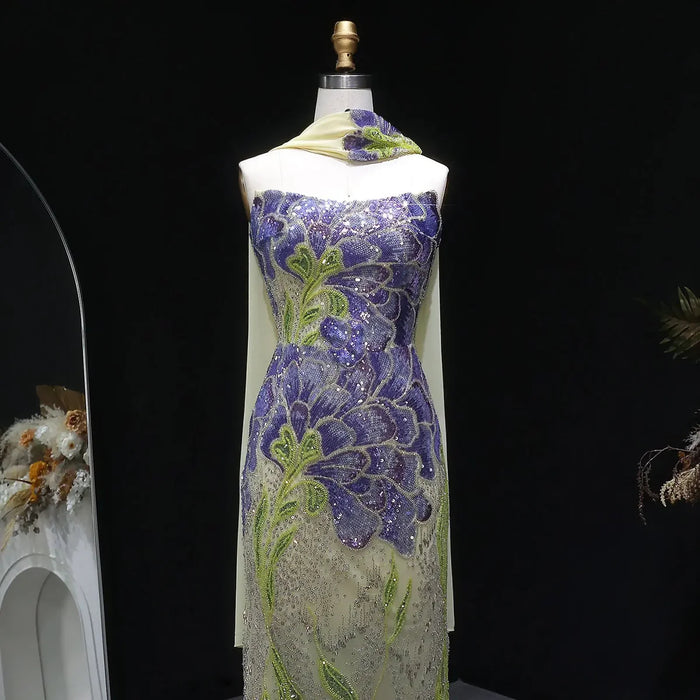 Elegant Purple Green Beaded Sequin Evening Dress with Cape SS511-DreamyVow