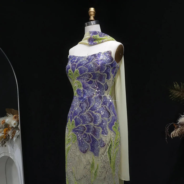 Elegant Purple Green Beaded Sequin Evening Dress with Cape SS511-DreamyVow