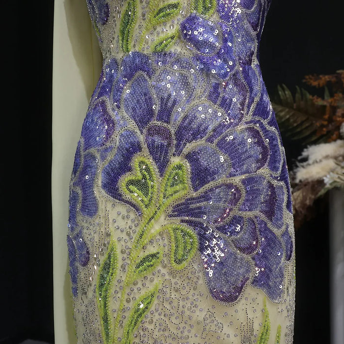 Elegant Purple Green Beaded Sequin Evening Dress with Cape SS511-DreamyVow