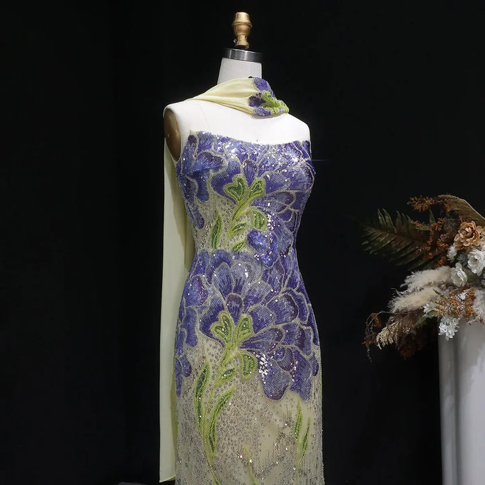 Elegant Purple Green Beaded Sequin Evening Dress with Cape SS511-DreamyVow