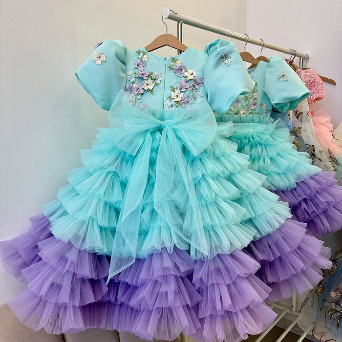 Elegant Sage Green Tulle Girl Dress 3D Flowers knee Length J174