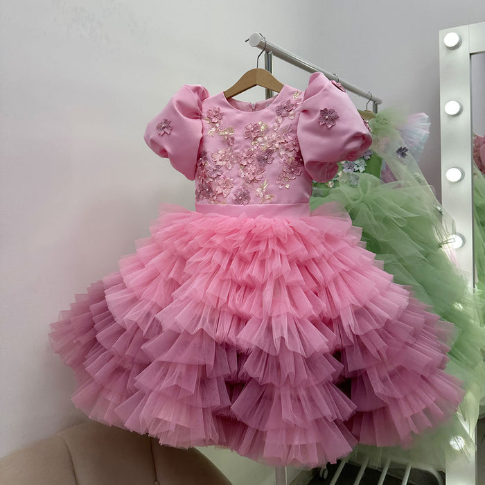 Elegant Sage Green Tulle Girl Dress 3D Flowers knee Length J174