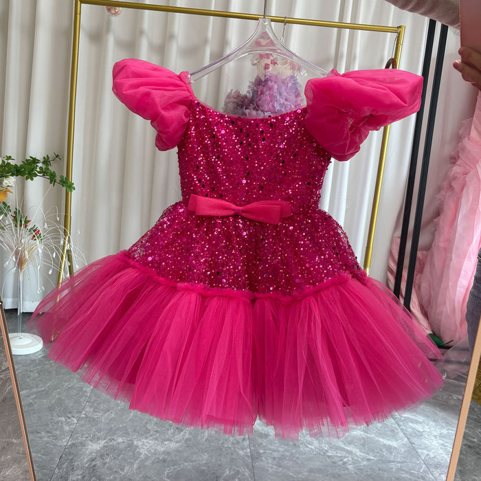 Elegant Sequins Christmas Puffy Sleeve Girl Holiday Party Dress J272