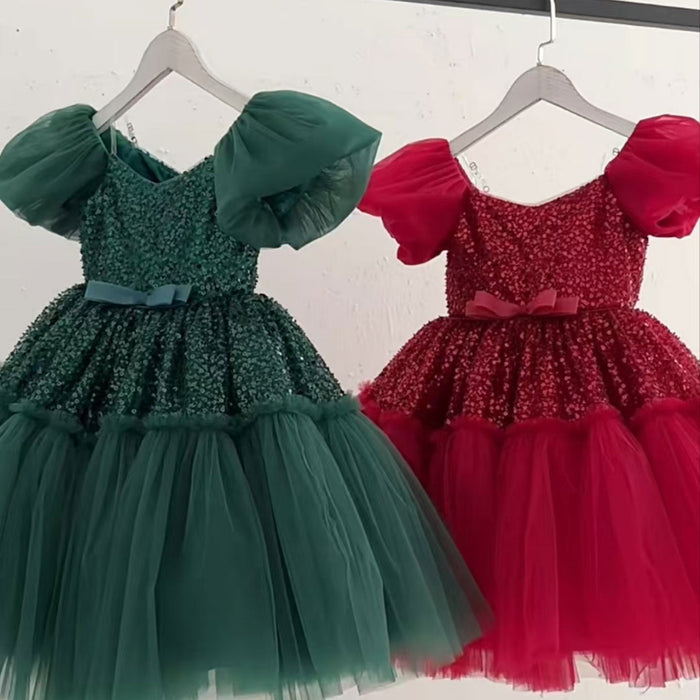 Elegant Sequins Christmas Puffy Sleeve Girl Holiday Party Dress J272