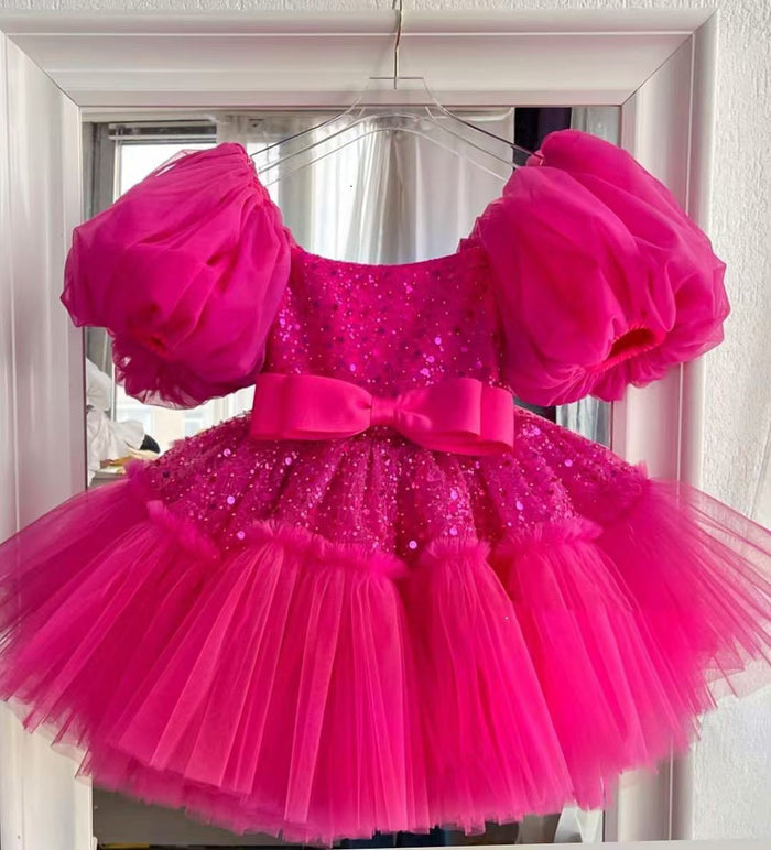 Elegant Sequins Christmas Puffy Sleeve Girl Holiday Party Dress J272