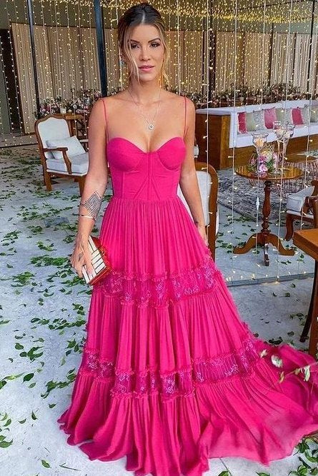 Elegant Spaghetti Straps A-Line Pleated Long Formal Prom Dress