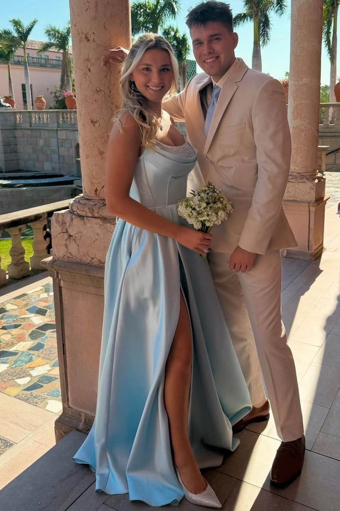 Elegant Strapless A-Line Empire-Waist Pleats Satin Prom Dress with Slit