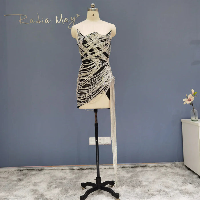 Elegant Strapless Crystal Tassel Mini Cocktail Dress RM012
