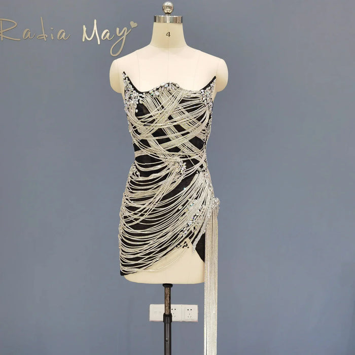 Elegant Strapless Crystal Tassel Mini Cocktail Dress RM012