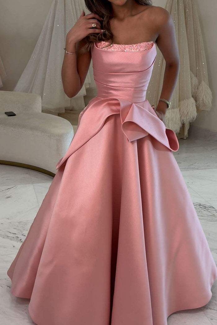 Elegant Strapless Scoop Neck Ruched Long Prom Evening Dress