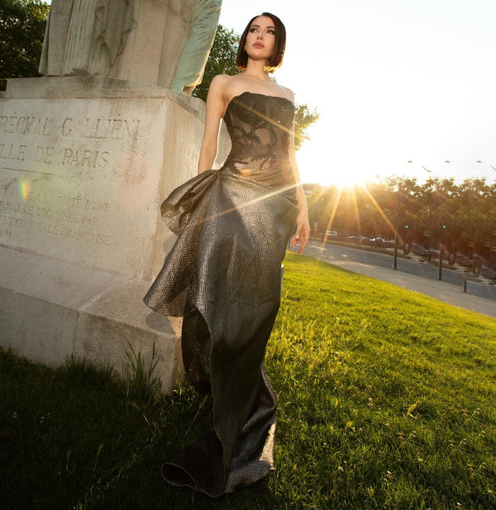 Elegant Strapless Sequin Black Evening Dress with Knot SS241