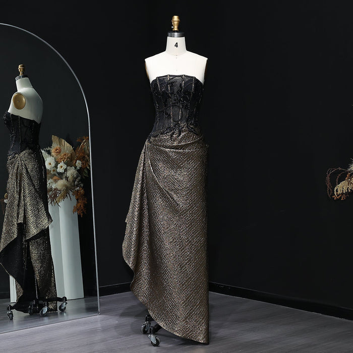 Elegant Strapless Sequin Black Evening Dress with Knot SS241