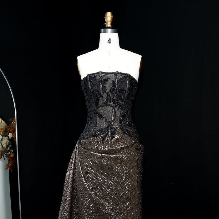 Elegant Strapless Sequin Black Evening Dress with Knot SS241