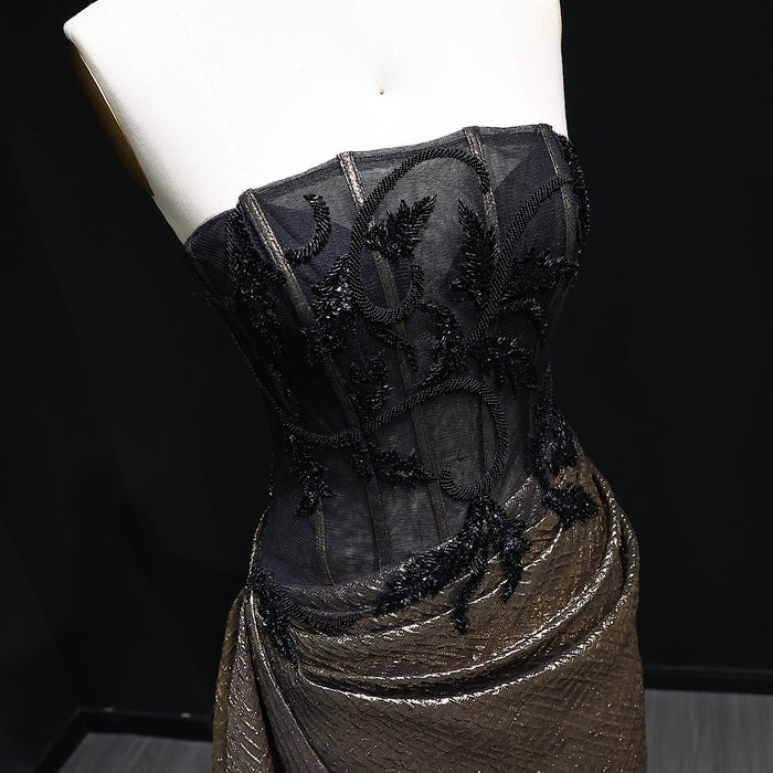Elegant Strapless Sequin Black Evening Dress with Knot SS241