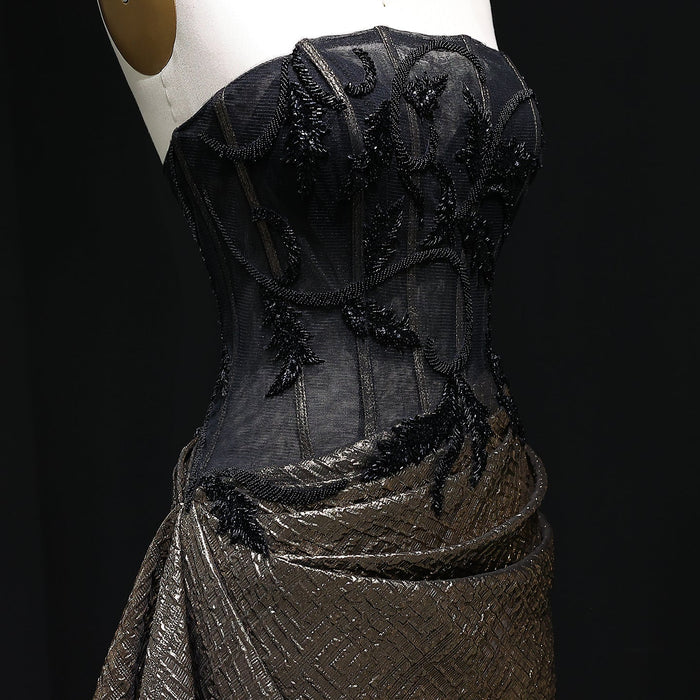 Elegant Strapless Sequin Black Evening Dress with Knot SS241