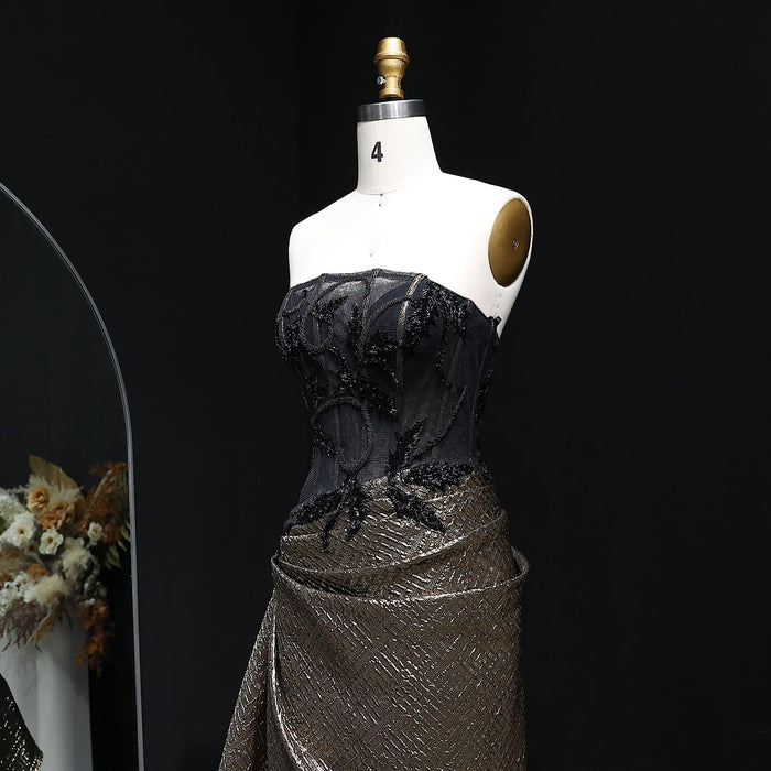 Elegant Strapless Sequin Black Evening Dress with Knot SS241