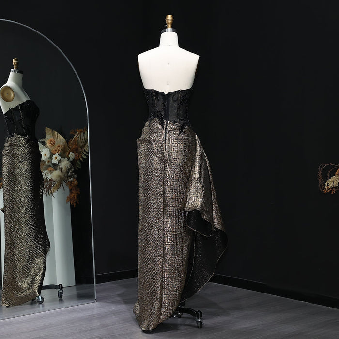 Elegant Strapless Sequin Black Evening Dress with Knot SS241