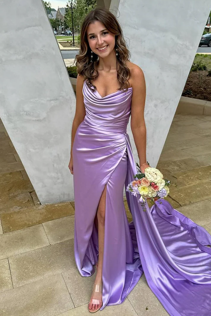 Elegant Strapless V-Neck Pleats High Slit Sleeveless Prom Dress with Train