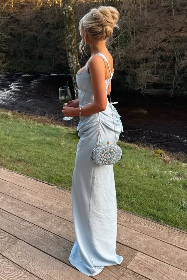 Elegant Straps Blue Scoop Neck Pleated Sleeveless Satin Prom Formal Dress