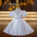Elegant V-Neck Pearl Satin Flower Girl Dress Short Sleeve J797