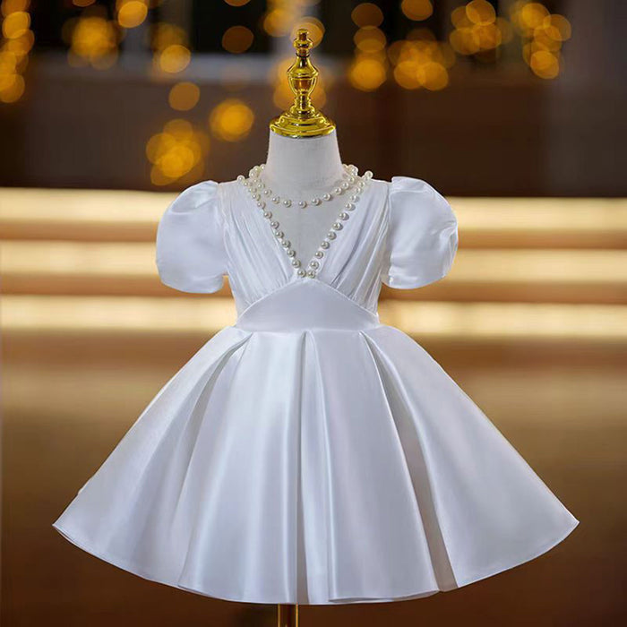 Elegant V-Neck Pearl Satin Flower Girl Dress Short Sleeve J797