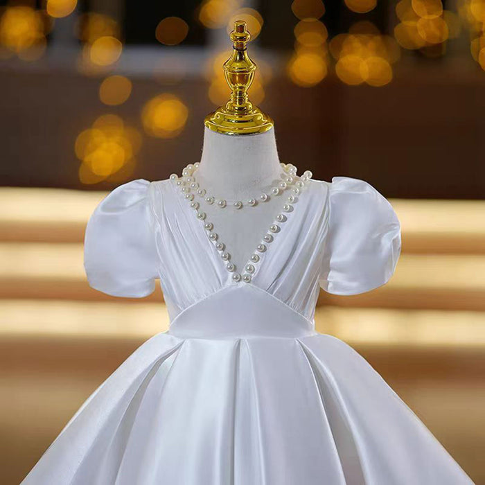 Elegant V-Neck Pearl Satin Flower Girl Dress Short Sleeve J797