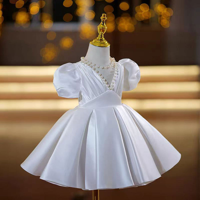 Elegant V-Neck Pearl Satin Flower Girl Dress Short Sleeve J797