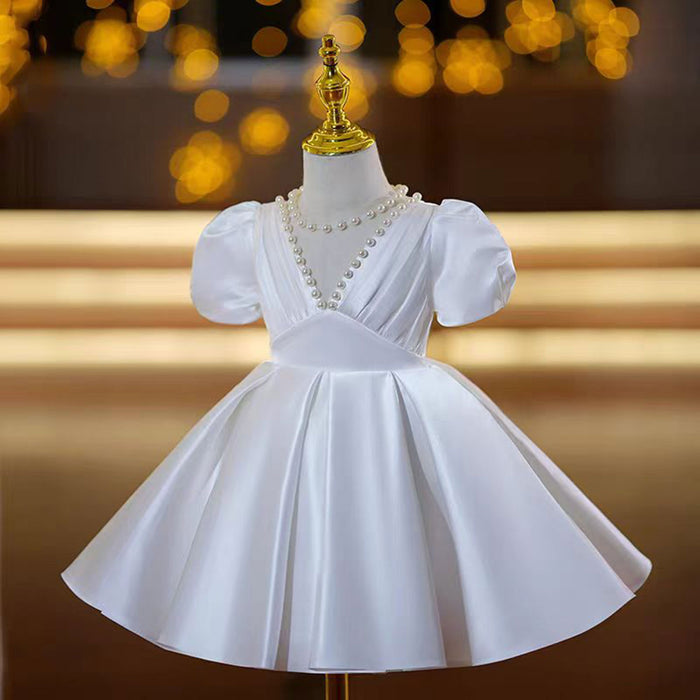 Elegant V-Neck Pearl Satin Flower Girl Dress Short Sleeve J797