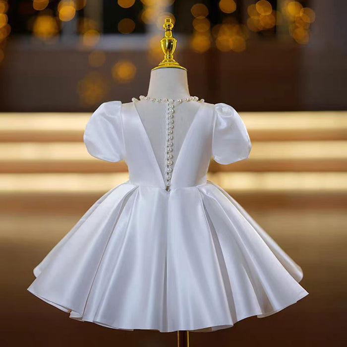 Elegant V-Neck Pearl Satin Flower Girl Dress Short Sleeve J797