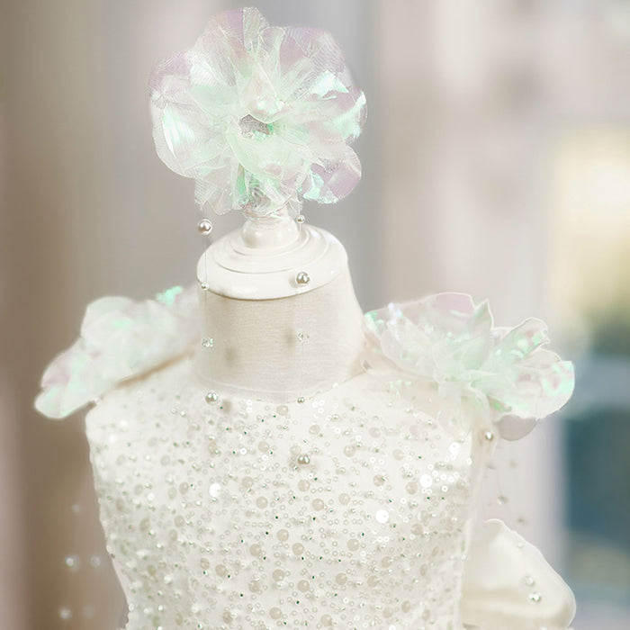 Elegant White Beaded Princess Girls Dress for Birthday Party Wedding J848