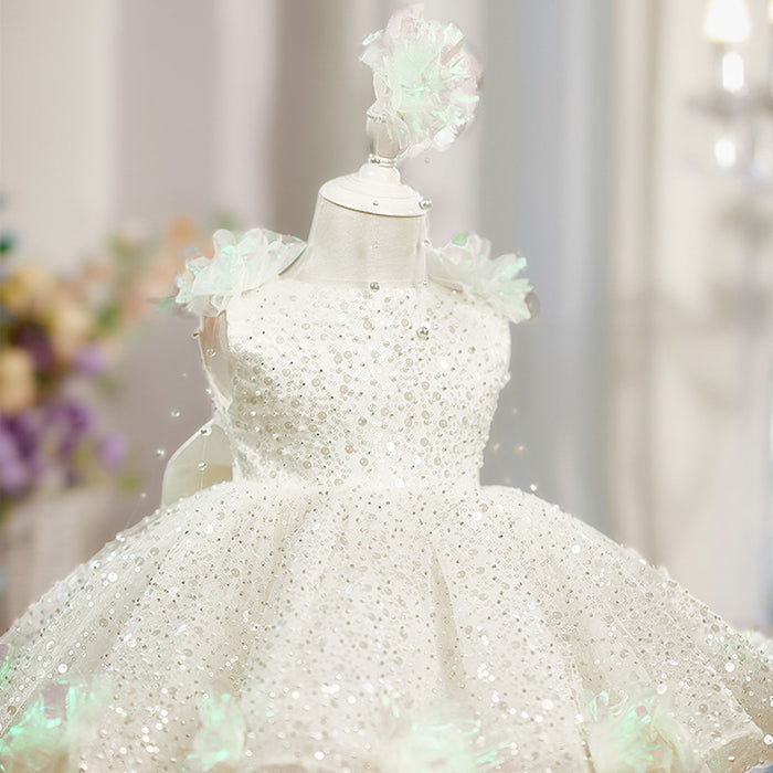 Elegant White Beaded Princess Girls Dress for Birthday Party Wedding J848