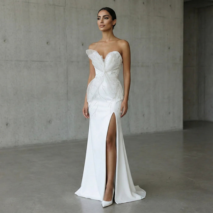Elegant White Beaded Strapless with High Slit Evening Dress SS502-DreamyVow