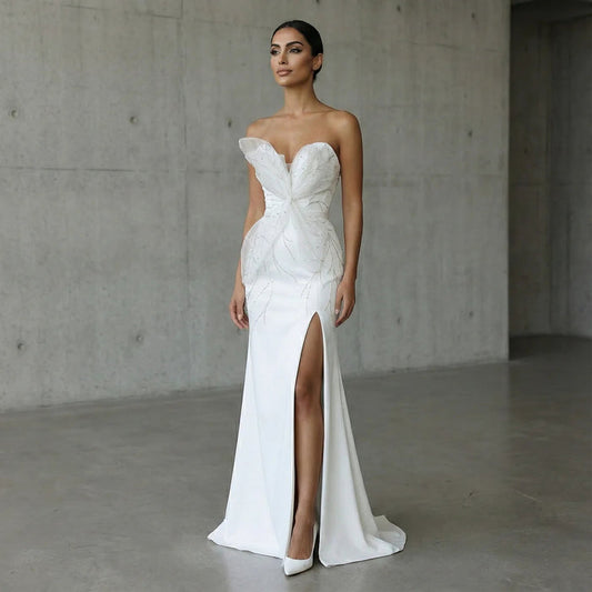 Elegant White Beaded Strapless with High Slit Evening Dress SS502-DreamyVow