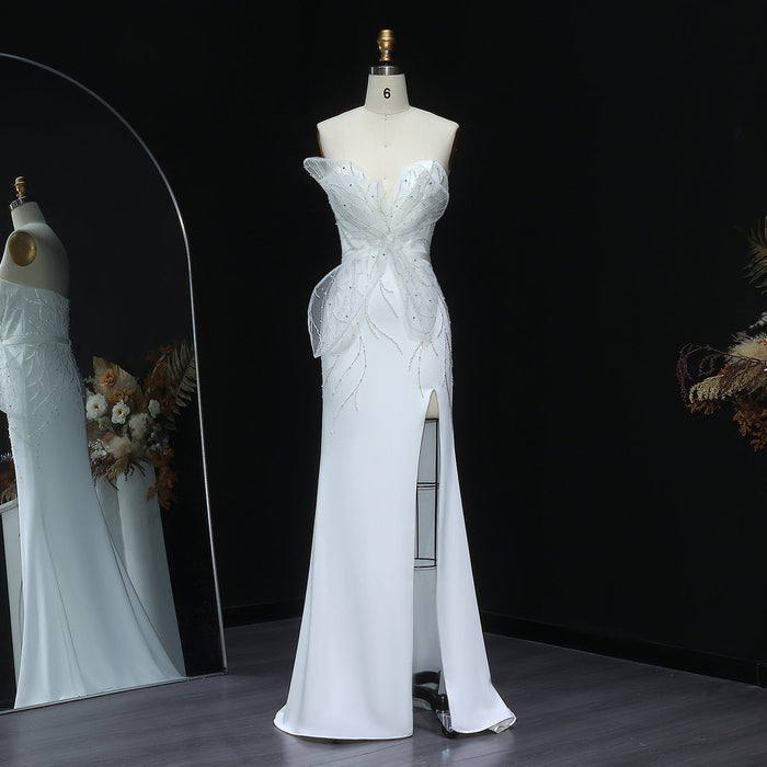 Elegant White Beaded Strapless with High Slit Evening Dress SS502-DreamyVow