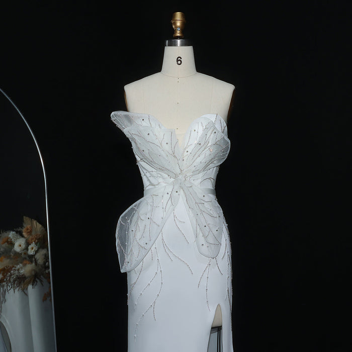 Elegant White Beaded Strapless with High Slit Evening Dress SS502-DreamyVow