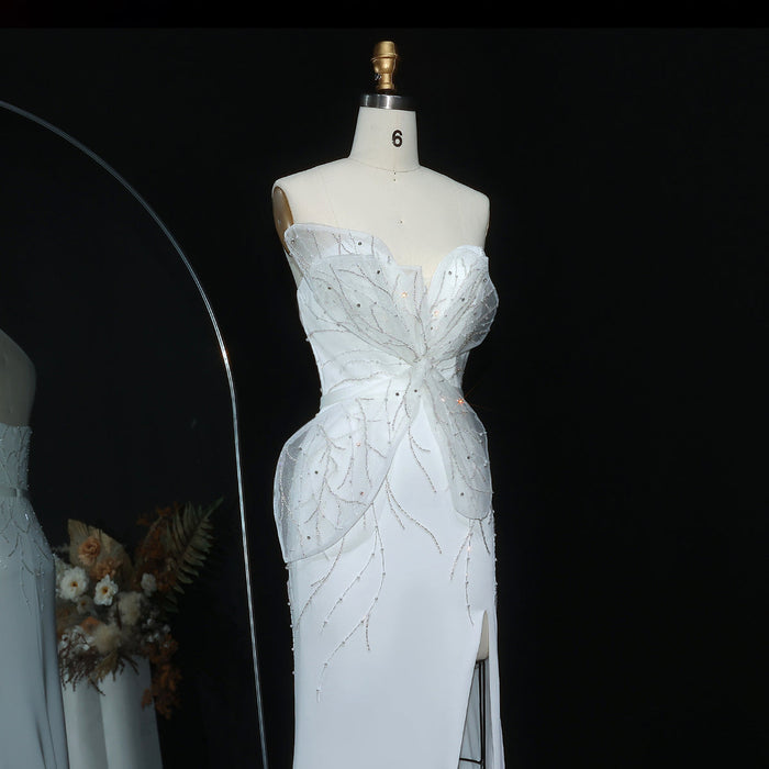 Elegant White Beaded Strapless with High Slit Evening Dress SS502-DreamyVow