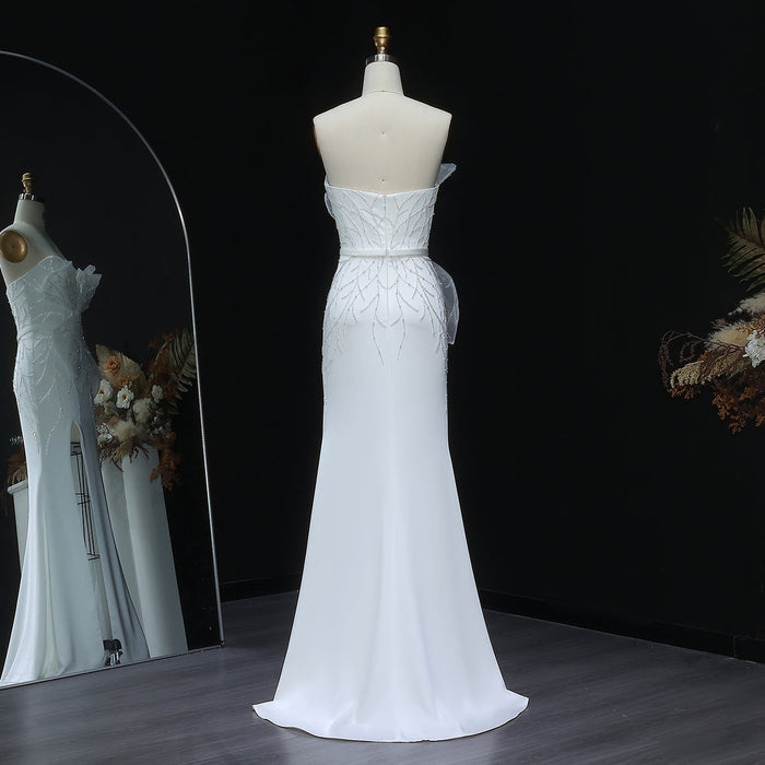 Elegant White Beaded Strapless with High Slit Evening Dress SS502-DreamyVow