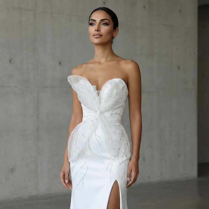 Elegant White Beaded Strapless with High Slit Evening Dress SS502-DreamyVow