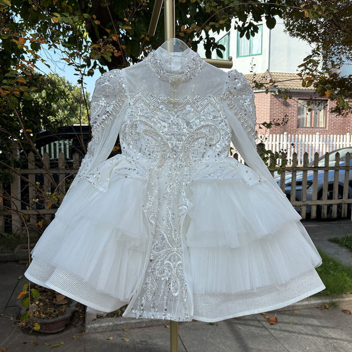 Elegant White Long Sleeve Princess Girl Dress Birthday Party Gown J600