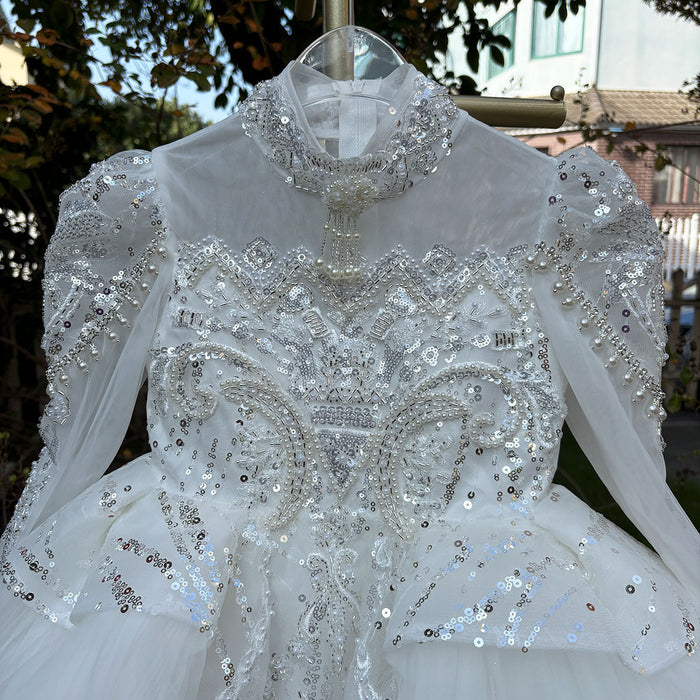 Elegant White Long Sleeve Princess Girl Dress Birthday Party Gown J600