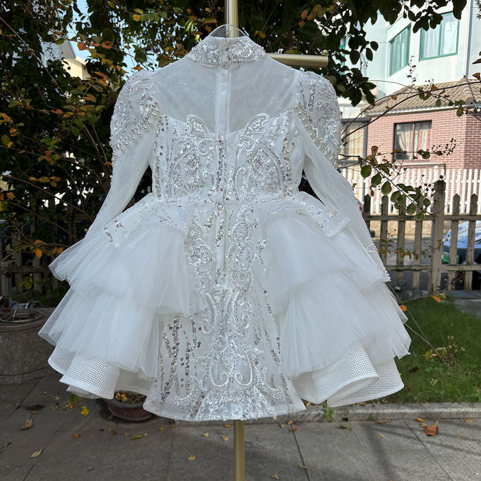 Elegant White Long Sleeve Princess Girl Dress Birthday Party Gown J600
