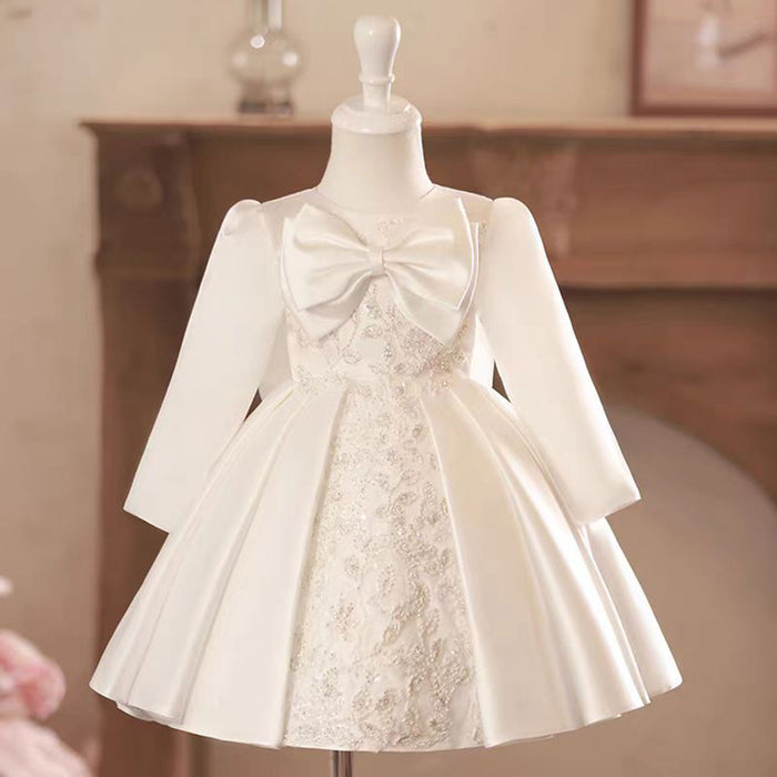 Elegant White Satin Baby Girl Dress Embroidered First Communion Ball Gown J476