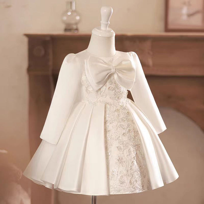 Elegant White Satin Baby Girl Dress Embroidered First Communion Ball Gown J476