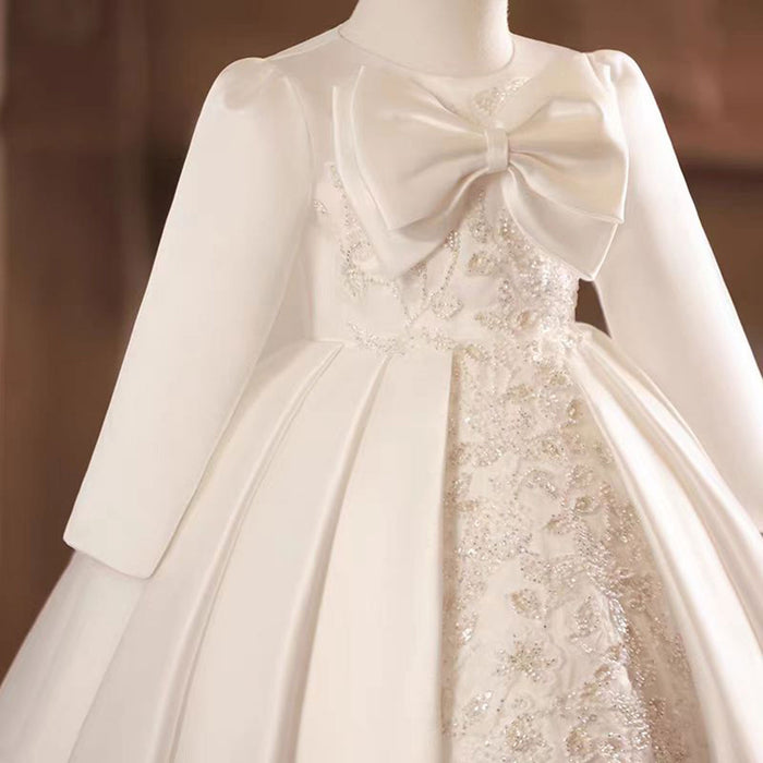 Elegant White Satin Baby Girl Dress Embroidered First Communion Ball Gown J476