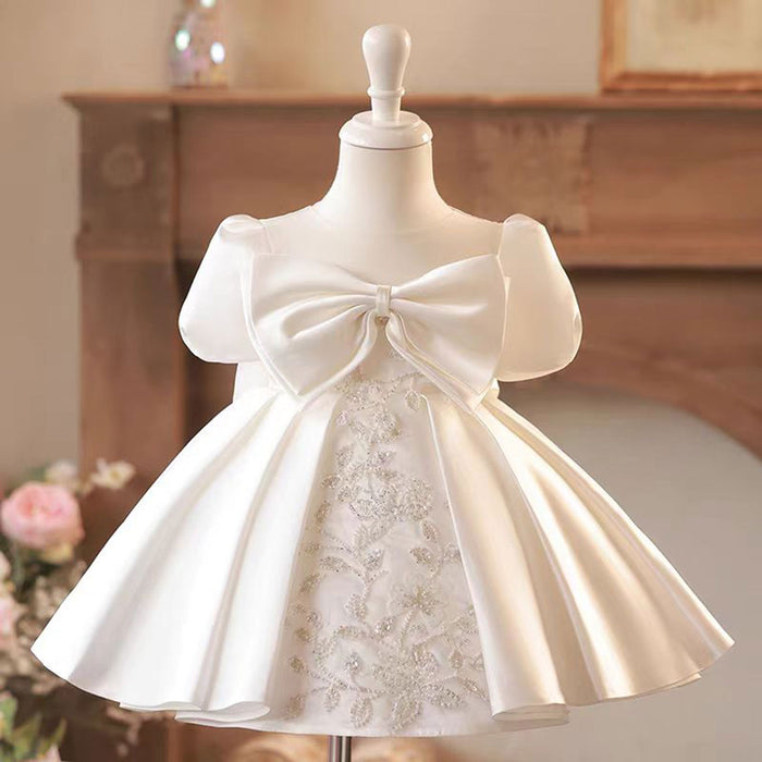 Elegant White Satin Baby Girl Dress Embroidered First Communion Ball Gown J476