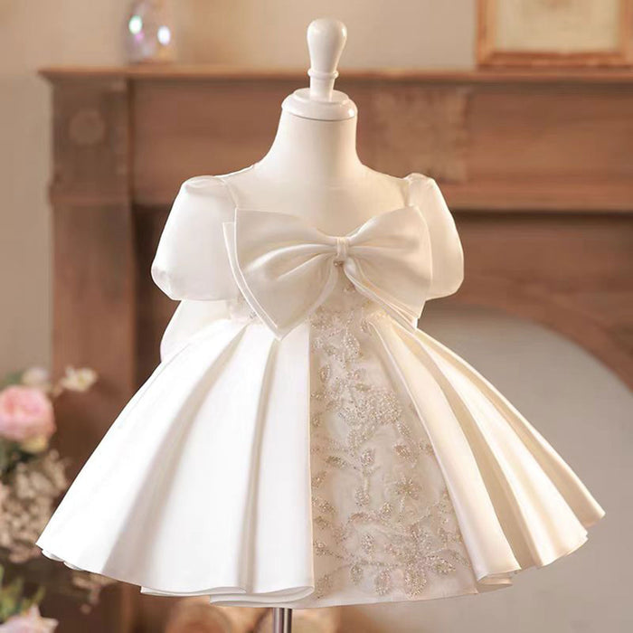 Elegant White Satin Baby Girl Dress Embroidered First Communion Ball Gown J476