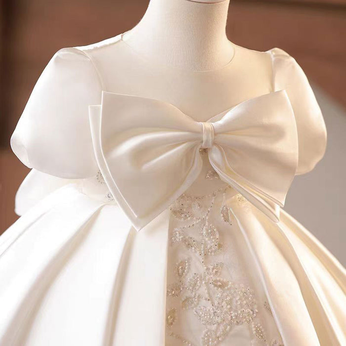 Elegant White Satin Baby Girl Dress Embroidered First Communion Ball Gown J476